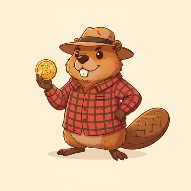 Ridgeback the beaver, mascot of Canuck Coins, holding a gold coin